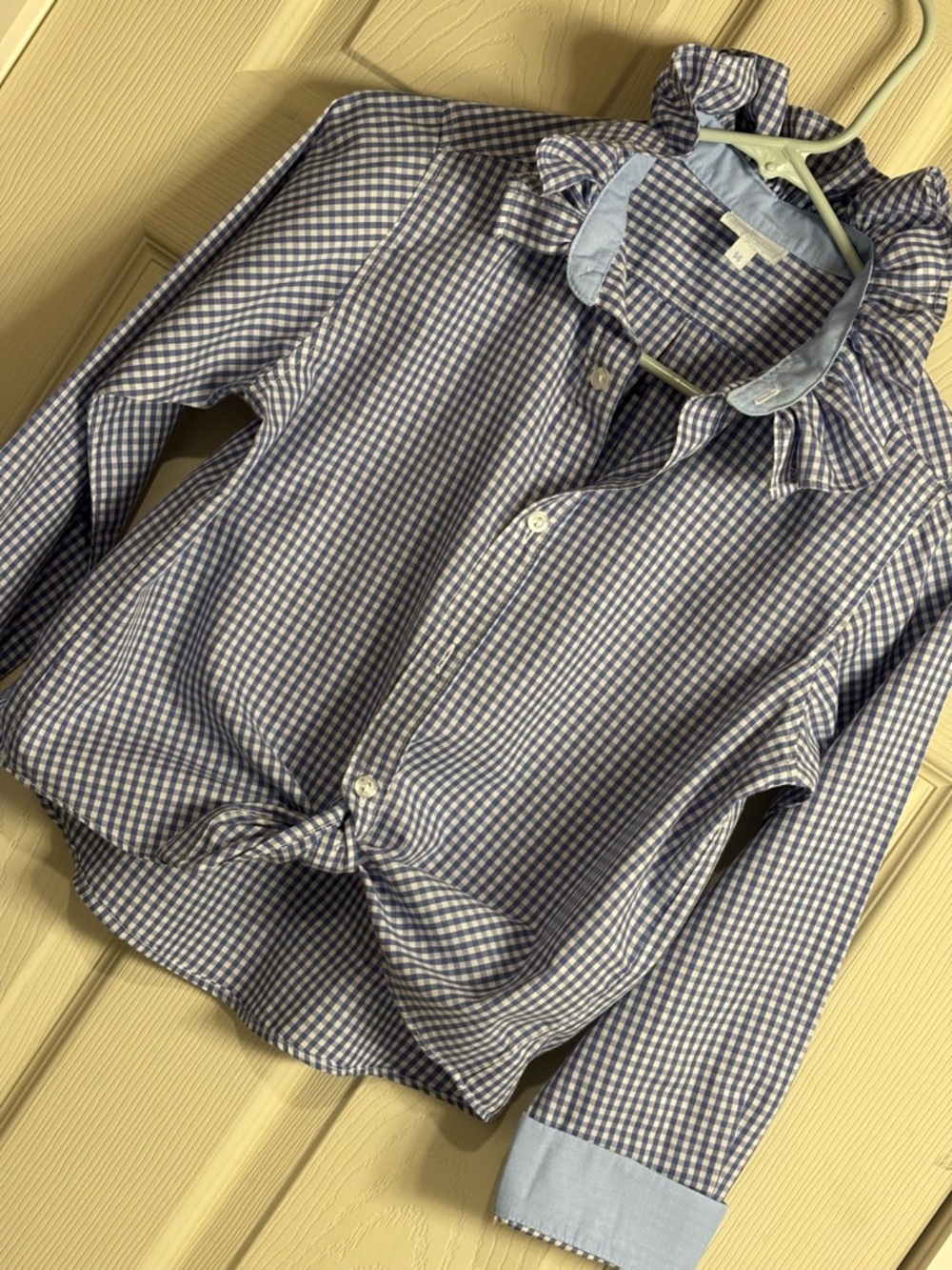 GIRLS White/Blue Gingham Ruffled Collar Shirt